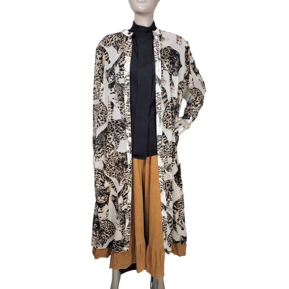 Vintage 90s Cheetah Leopard Cat Print Duster Topper Button-Down Long Layers - Picture 1 of 8